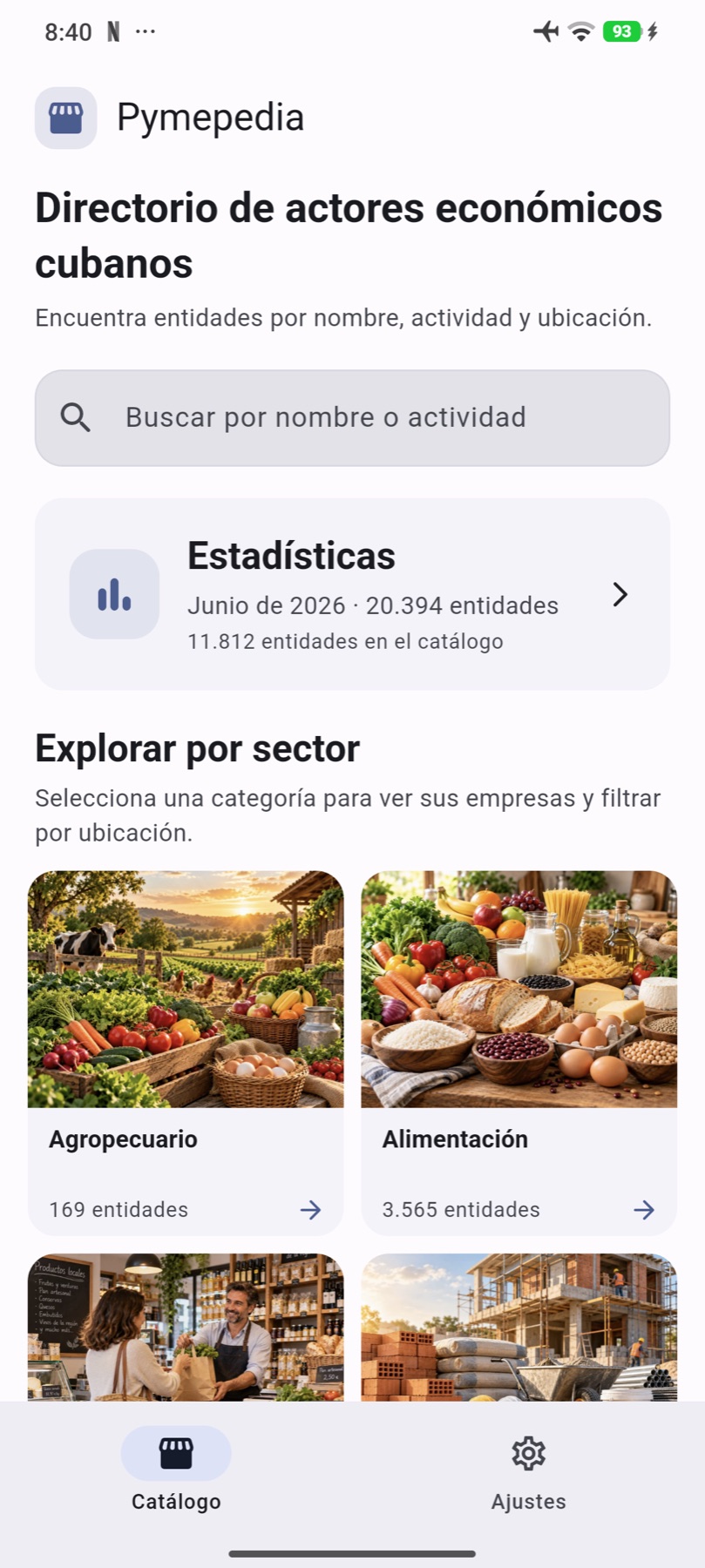 Pantalla de inicio de Pymepedia con buscador, directorio y sectores
